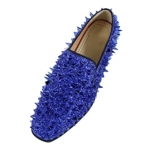 Milanoo Mens Spike Loafers shoes Glitter Blue Round Toe Prom Shoes