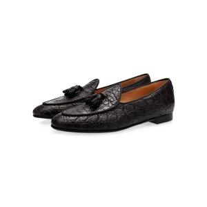 Milanoo Mens Black Loafers Tassel Stone Pattern Round Toe Slip On Shoes