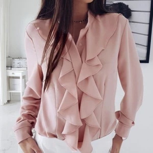 Milanoo Women Pink Blouse Chiffon Cascading Ruffles Jewel Neck Long Sleeves Casual Shirt