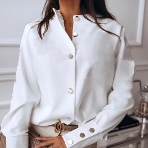 Milanoo Blouse For Women White Stand Collar Long Sleeves Buttons Chiffon Tops