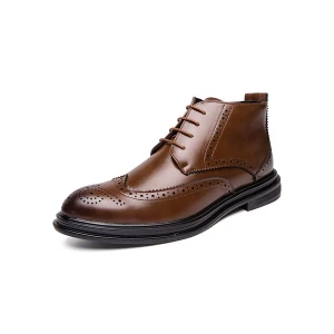 Milanoo Boots For Man Comfortable Brown Round Toe Carved Leather Ankle Boots