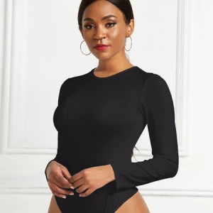 Milanoo Women Bodysuit Black Long Sleeves Jewel Neck Sexy Polyester Top