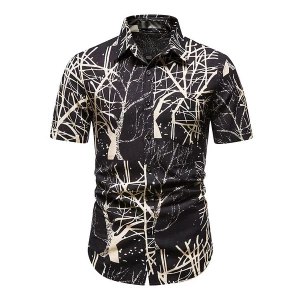 Milanoo Casual Shirt For Men Turndown Collar Chic Palm Tree Print Black Men\\'s Shirts