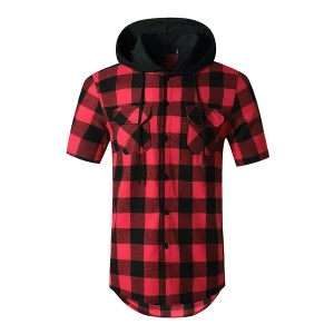 Milanoo Casual Shirt For Man Hooded Casual Plaid Red Men\\'s Shirts