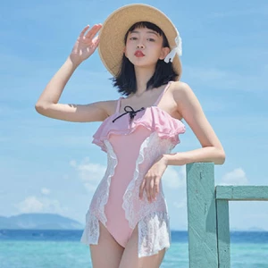 Milanoo Sweet Lolita Outfits Pink Lace Ruffles Lace Sleeveless Polyester Swimming Suit Outfit