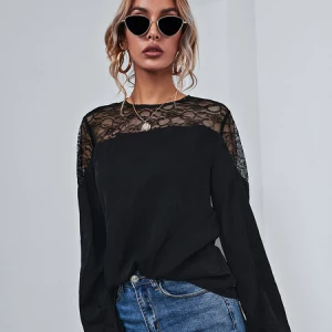 Milanoo Black Blouse For Women Long Sleeves Jewel Neck Polyester Lace Summer T Shirt