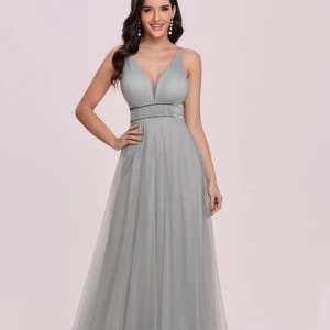 Milanoo Light Grey Prom Dress A-Line V-Neck Tulle Sleeveless Sash Long Wedding Guest Dresses