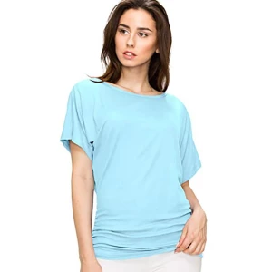 Milanoo Women Blouse Cyan Blue Short Sleeves Jewel Neck Cotton Casual T-Shirt