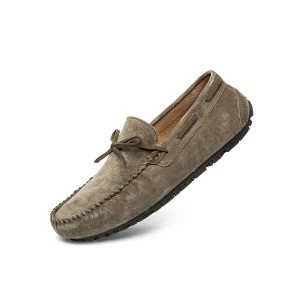 Milanoo Loafer Shoes For Men Cosy Suede Leather Bows Slip-On Khaki Casual Flat Shoes