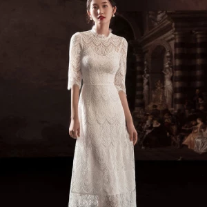 Milanoo White Simple Wedding Dress A-Line Jewel Neck Half Sleeves Lace Tea Length Bridal Gowns