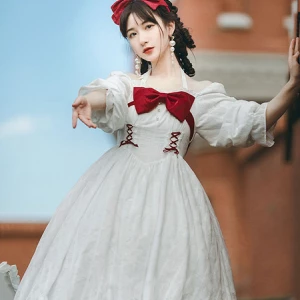 Milanoo Sweet Lolita OP Dress Long Sleeves Bowknot Lace Up Ruffles Casual Lolita One Piece Dress