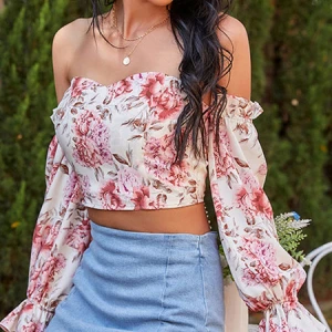 Milanoo White Strapless Top For Women Floral Printed Irregular Pleated Ruffles Casual Long Sleeves P