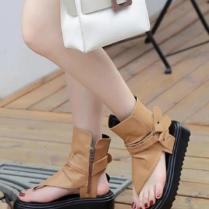 Milanoo Summer Boots Coffee Brown Square Toe PU Leather Summer Booties