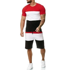 Milanoo Men\'s Activewear 2-Piece Color Block Short Sleeves Jewel Neck Red