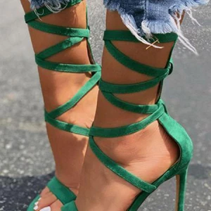 Milanoo Heel Sandals Green Stiletto Heel Open Toe Textile Lace Up Heels