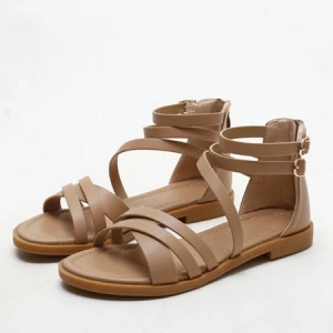 Milanoo Flat Sandals PU Leather Open Toe Apricot Summer Sandals