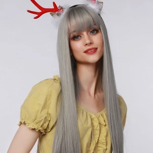 Milanoo Women Long Wig Silver Straight Heat-resistant Fiber Layered Long Synthetic Wigs