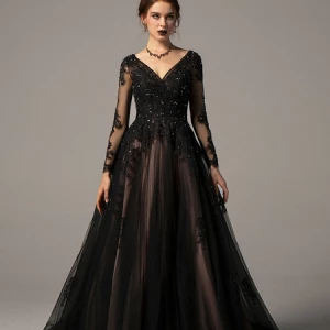 Milanoo Black Wedding Dresses A-Line V-Neck Long Sleeves Lace Tulle Bridal Gown With Train