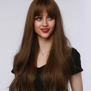 Milanoo Women Long Wig Coffee Brown Heat-resistant Fiber Layered Long Synthetic Wigs