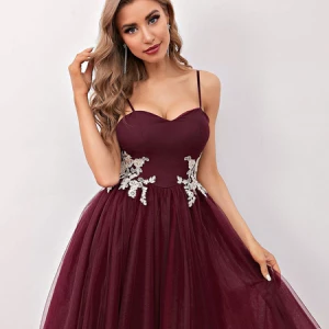 Milanoo Beautiful With Homecoming Dress Burgundy Short A-Line V-Neck Applique Tulle Short Party Dres