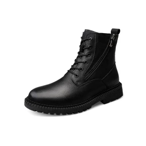 Milanoo Men Ankle Boots Comfortable PU Leather Round Toe Lace Up Black Martin Boots