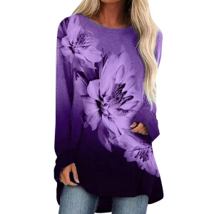 Milanoo Women Blouse Purple Long Sleeves Polyester Floral Print Jewel Neck Casual T Shirt