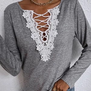 Milanoo Women Blouse Jewel Neck Long Sleeves Stretch Lace Cotton Light Gray T Shirt