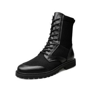 Milanoo Mid Calf Boots For Man Fabulous PU Leather Round Toe Lace Up Black Boots