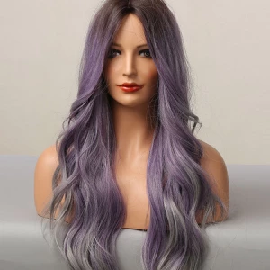 Milanoo Women Long Wig Purple Curly Heat Resistant Fiber Layered Long Synthetic Wigs