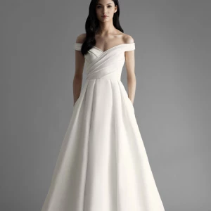 Milanoo White A-Line Wedding Dresses With Train Sleeveless Pleated Off The Shoulder Long Bridal Gown