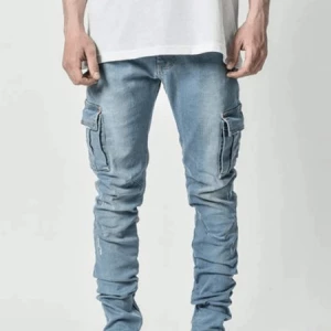 Milanoo Men Jeans Casual Distressed Antique Design Skinny Light Sky Blue Denim Pants