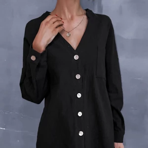 Milanoo Shirt For Women Black Buttons Pockets V Neck Casual Long Sleeves Polyester Oversized Cardiga