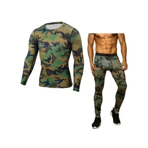 Milanoo Men Activewear 2-Piece Set Printed Long Sleeves Jewel Neck Hunter Green Activewear Outfit