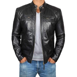 Milanoo Men Leather Jacket Casual Windbreaker Fall Black Cool Overcoat