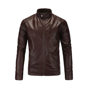 Milanoo Men Leather Jacket Casual Windbreaker Fall Coffee Brown Cool Winter Coats
