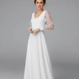 Milanoo White Simple Wedding Dress With Train A Line V Neck Long Sleeves Lace Long Bridal Gowns