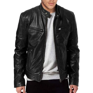 Milanoo Men Leather Jackets PU Leather Windbreaker Black Smart Cool Winter Coats