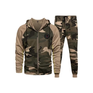 Milanoo Men\'s Activewear 2-Piece Camouflage Long Sleeves Hooded Khaki