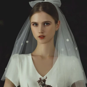 Milanoo Ivory Wedding Veil Two Tier Bows Tulle Cut Edge Drop Bridal Veil