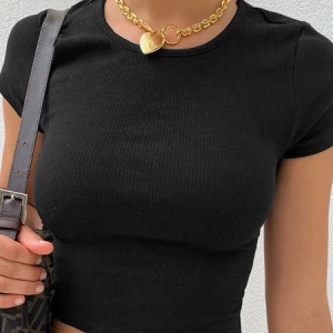 Milanoo Women Blouse Short Sleeves Black Jewel Neck Cotton T Shirt