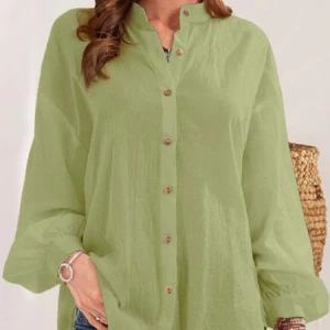 Milanoo Blouse For Women Green Polyester Buttons Stand Collar Casual Long Sleeves T Shirt
