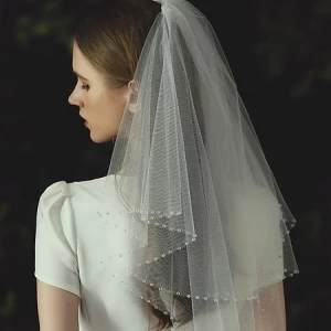 Milanoo Ivory Wedding Veil Two Tier Beaded Tulle Finished Edge Drop Bridal Veils