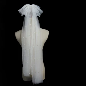 Milanoo Ivory Wedding Veil Two Tier Bows Tulle Cut Edge Drop Bridal Veils