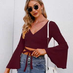 Milanoo Women Crop Top Burgundy V Neck Casual Lace Up Long Flared Sleeves Polyester T Shirt