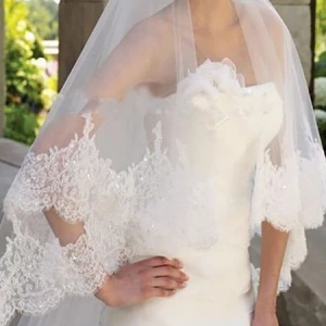Milanoo White Wedding Veil One Tier Lace Finished Edge Waterfall Bridal Veils