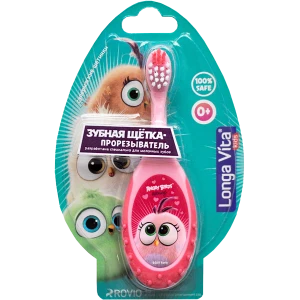 Детская зубная щетка-прорезыватель, 0+, Angry Birds, розовая, Longa Vita