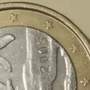 Монета 1 евро Финляндия 2005 опечатка 0 с чёрточкой, редкая