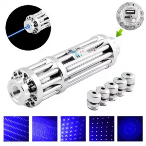 Мощнейшая Лазерная указка, синий луч,5 насадок, аккумулятор 2х16340,Сверхмощная лазерная указка