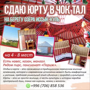 Сдаю юрту в Чок Тал, на берегу озера ИК. 4 - 8 мест. 