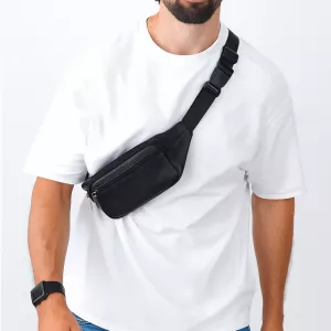 Кожаная бананка черная мини – мужская/женская сумка из натуральной итальянской кожи